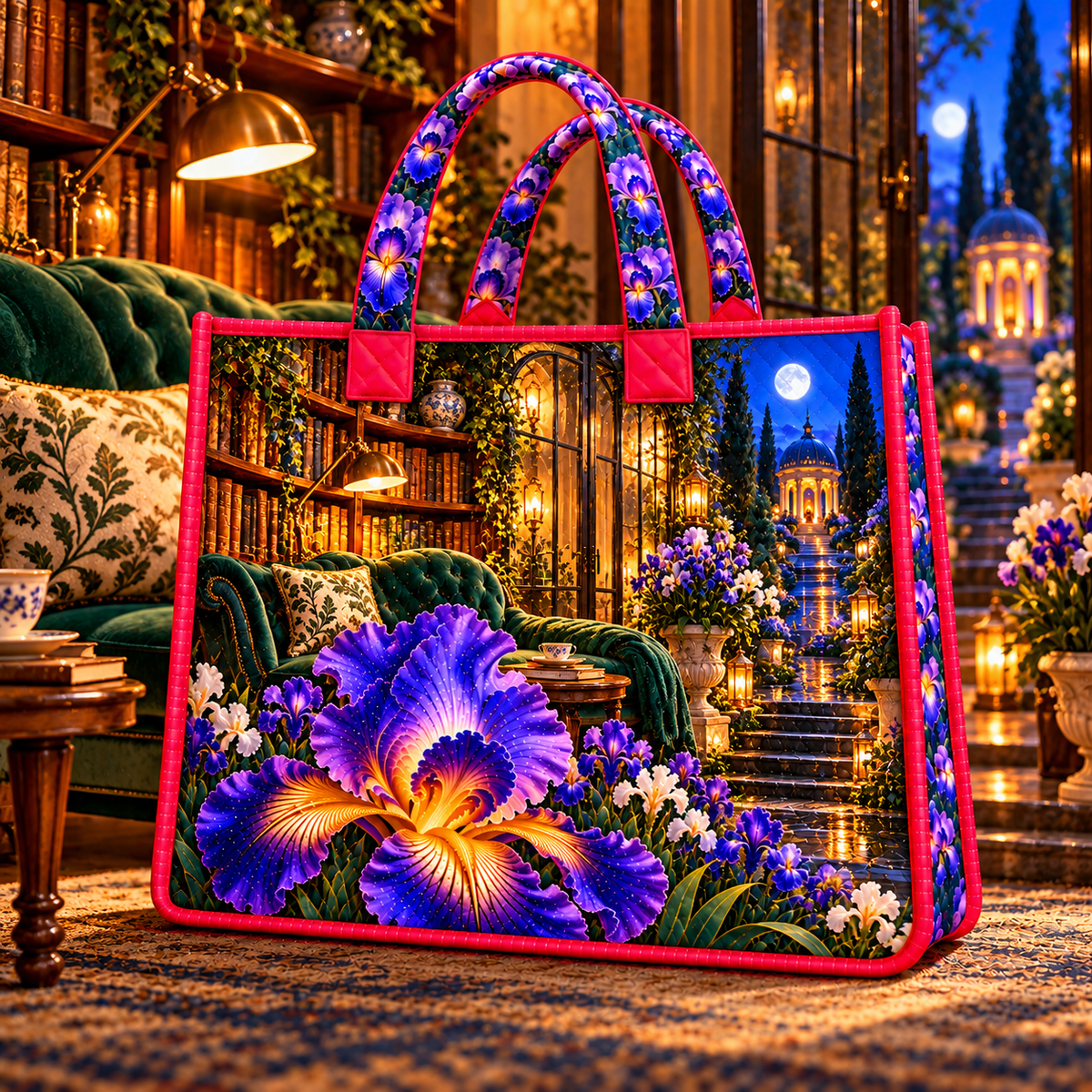 Iris Whisper Nook Quilted Tote Bag with printed optical 3D artwork in its use setting