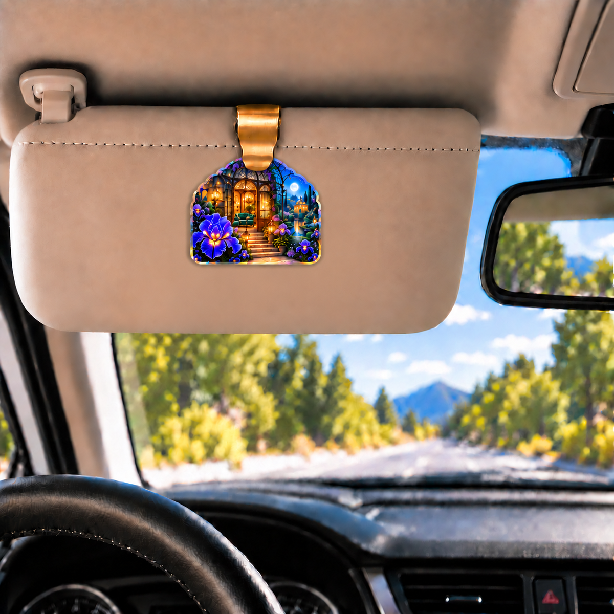 Iris Whisper Nook Holographic Car Visor Clip with printed optical 3D artwork in its use setting