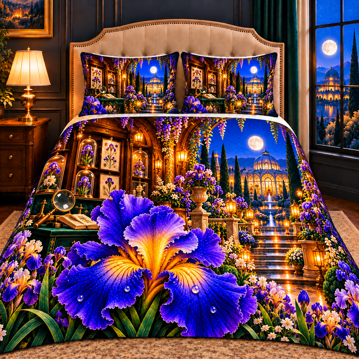 Iris Curator Jubilee Quilted Bedding Set with printed optical 3D artwork in its use setting