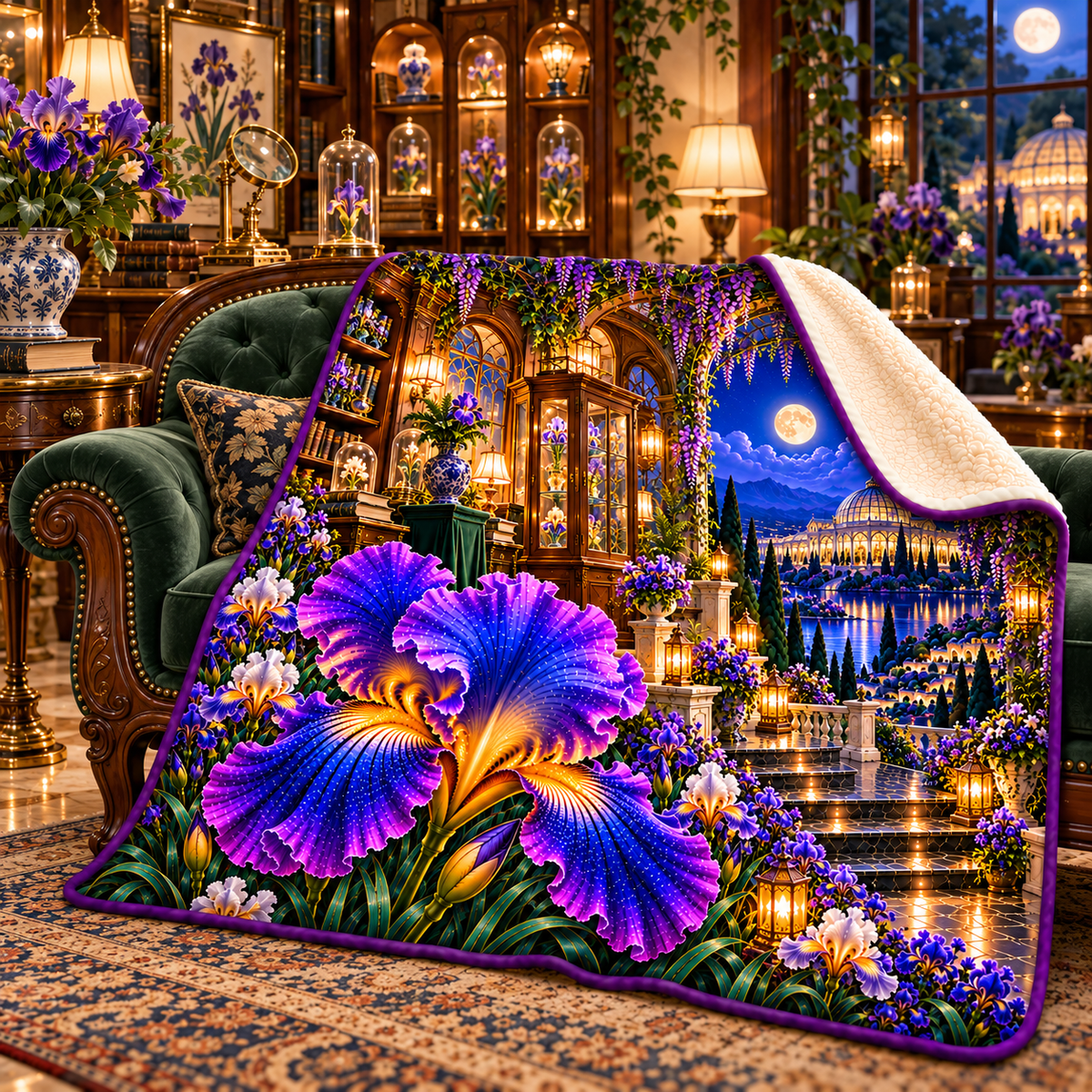 Iris Curator Jubilee Sherpa & Fleece Blanket with printed optical 3D artwork in its use setting