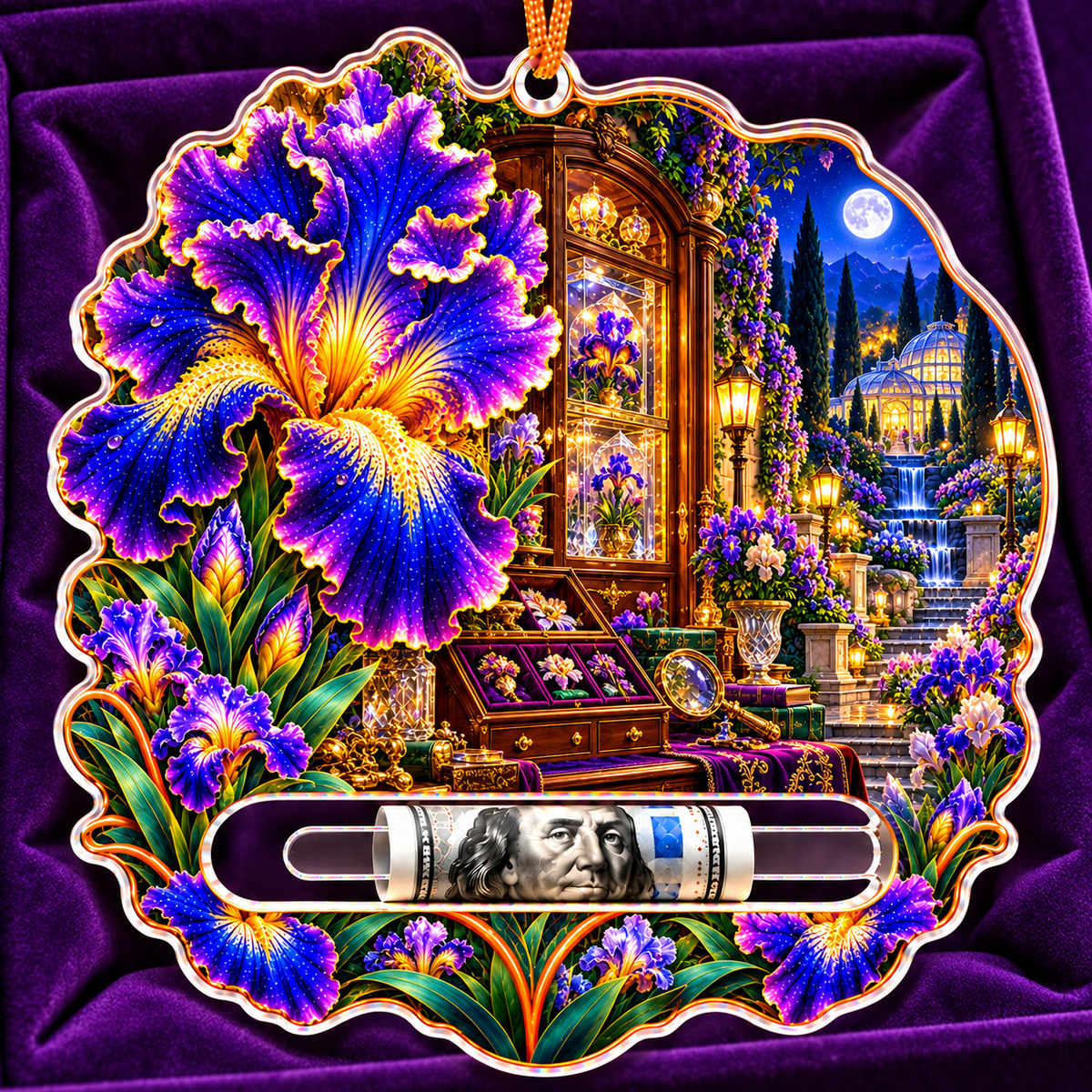 Iris Curator Jubilee Acrylic Cash Holder Ornament with printed optical 3D artwork in its use setting
