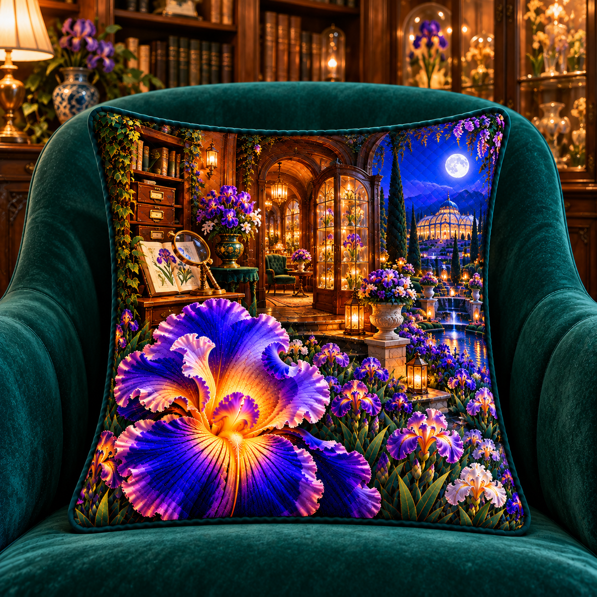 Iris Curator Jubilee Quilted Cushion Cover with printed optical 3D artwork in its use setting