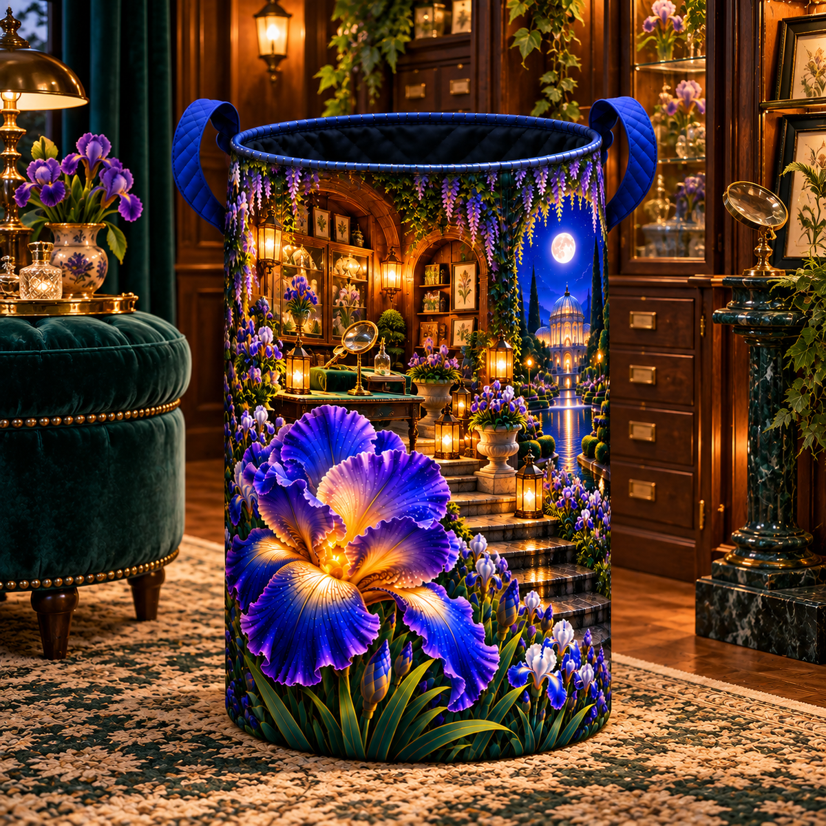Iris Curator Jubilee Laundry Hamper with printed optical 3D artwork in its use setting