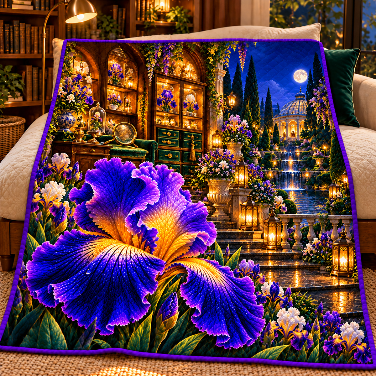 Iris Curator Jubilee Quilt Blanket with printed optical 3D artwork in its use setting