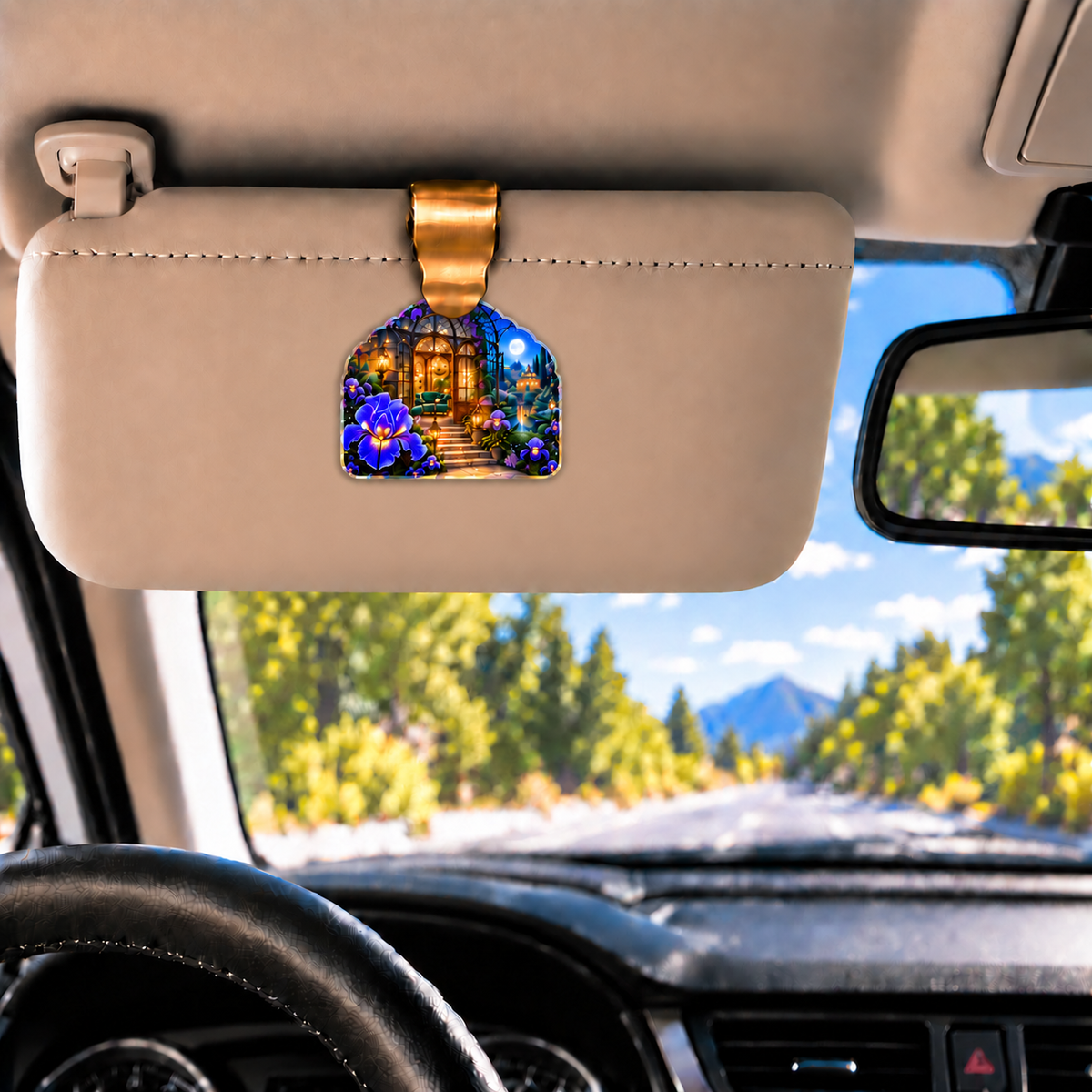 Iris Curator Jubilee Holographic Car Visor Clip with printed optical 3D artwork in its use setting