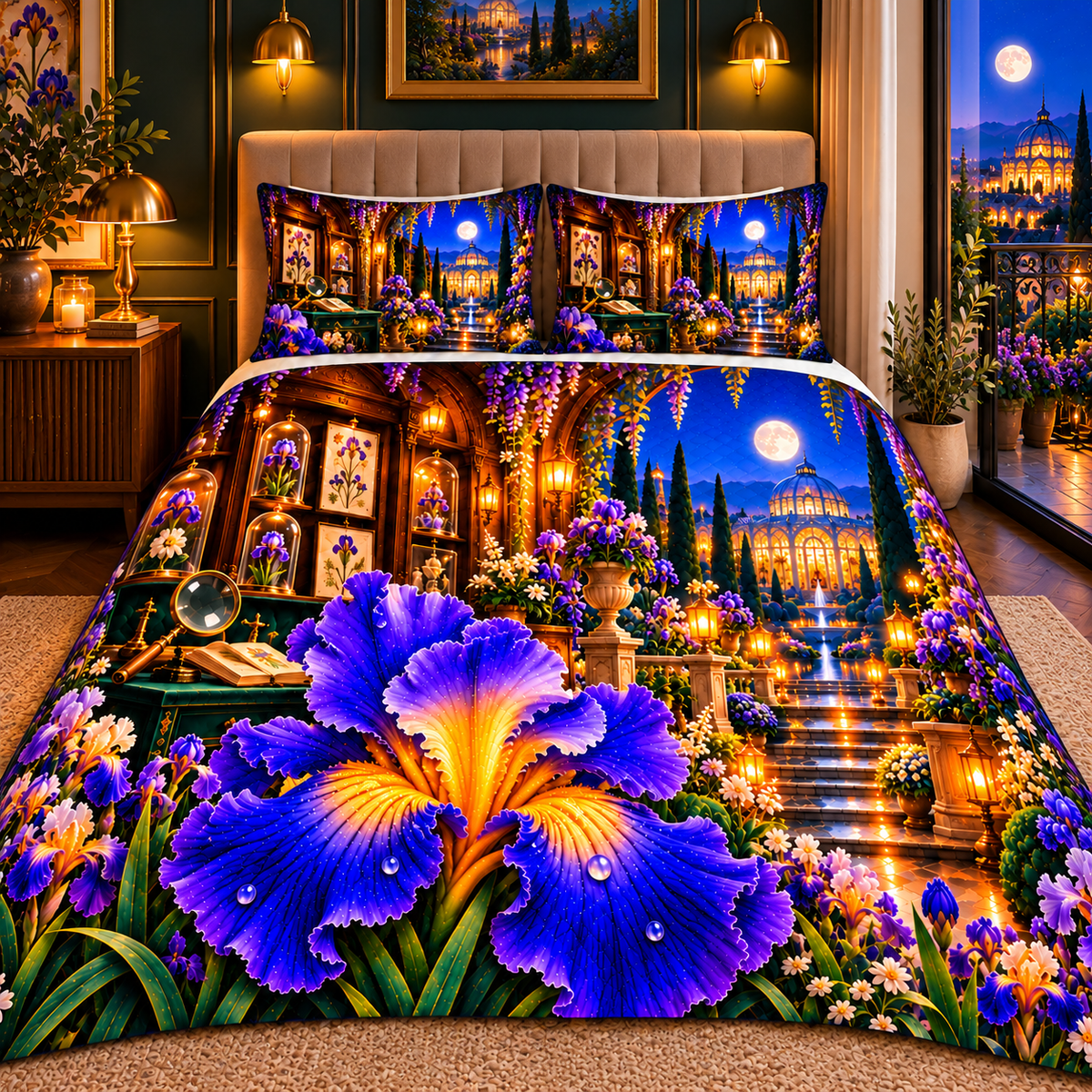 Iris Salon Passage Quilted Bedding Set with printed optical 3D artwork in its use setting