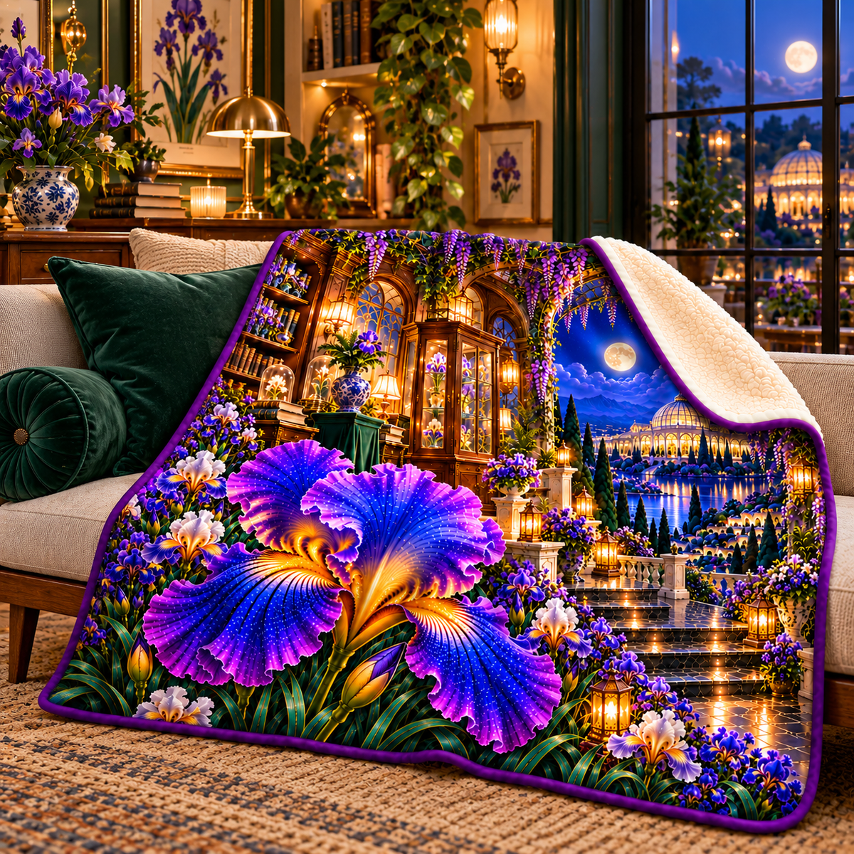 Iris Salon Passage Sherpa & Fleece Blanket with printed optical 3D artwork in its use setting