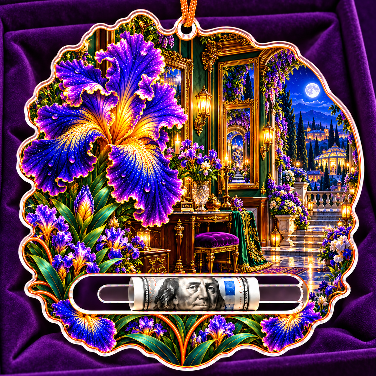 Iris Salon Passage Acrylic Cash Holder Ornament with printed optical 3D artwork in its use setting