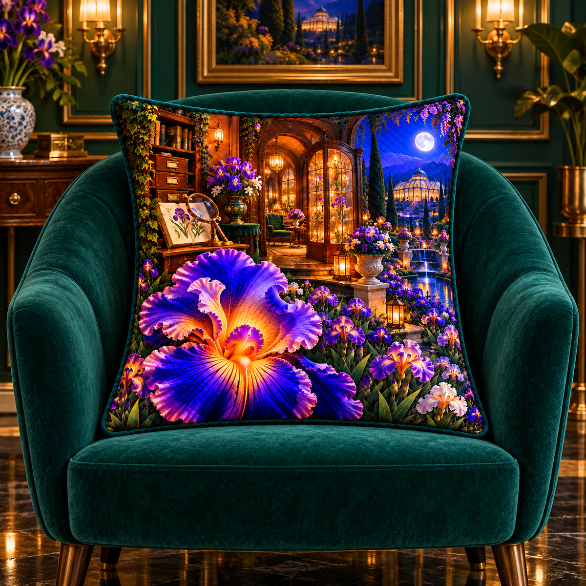 Iris Salon Passage Quilted Cushion Cover with printed optical 3D artwork in its use setting