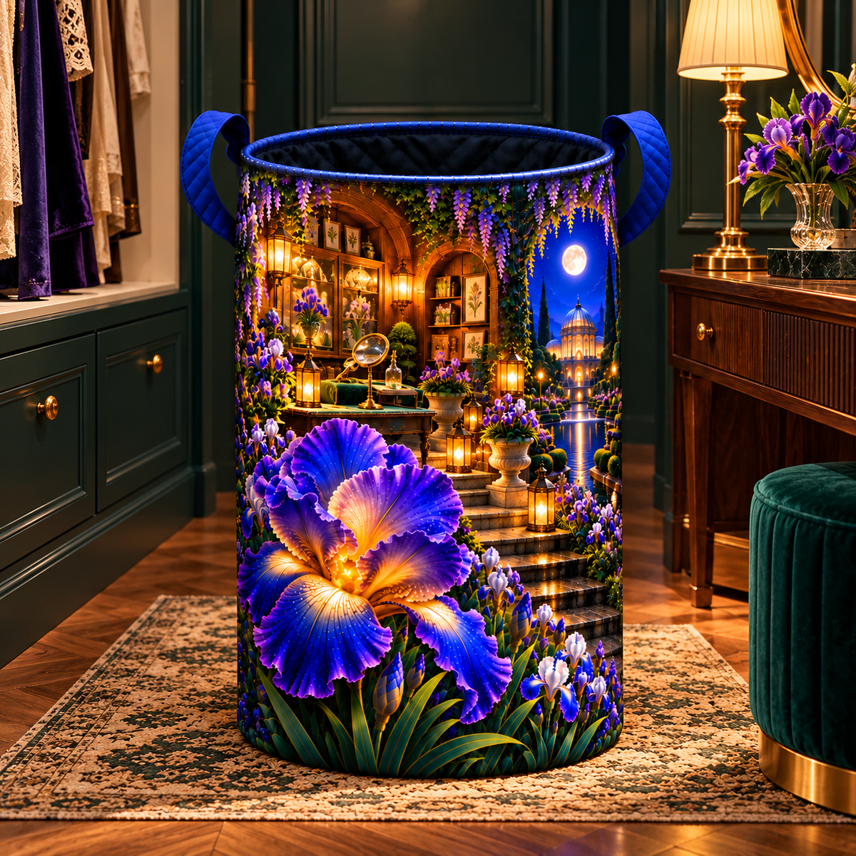 Iris Salon Passage Laundry Hamper with printed optical 3D artwork in its use setting
