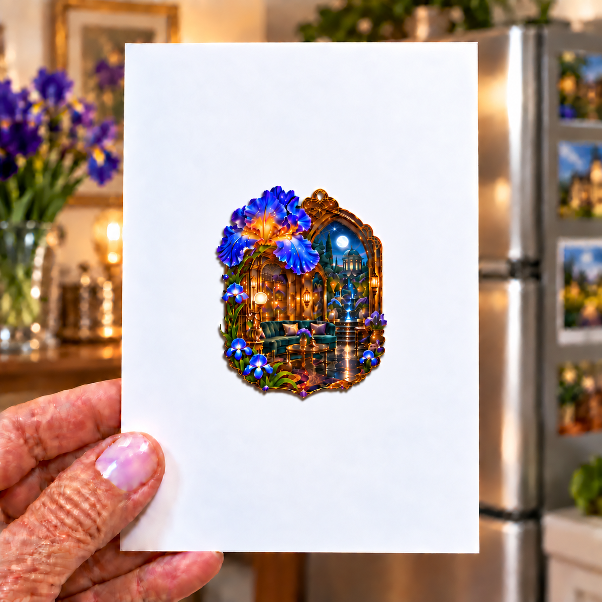 Iris Salon Passage Acrylic Refrigerator Magnet with printed optical 3D artwork in its use setting