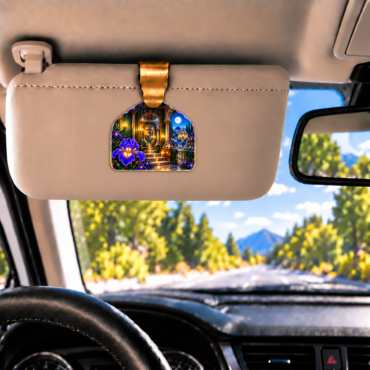 Iris Salon Passage Holographic Car Visor Clip with printed optical 3D artwork in its use setting