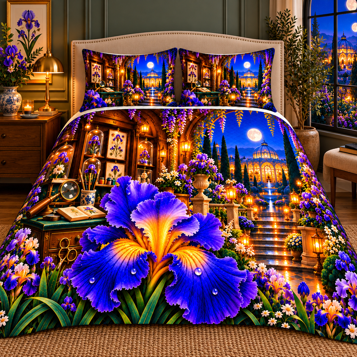 Iris Atelier Portal Quilted Bedding Set with printed optical 3D artwork in its use setting