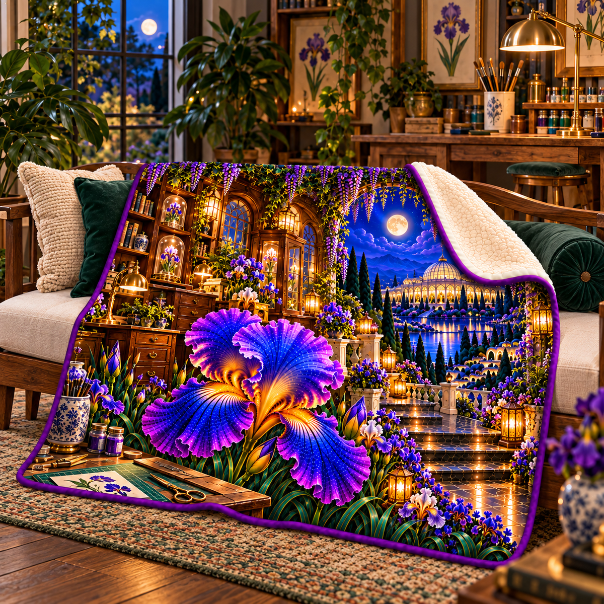 Iris Atelier Portal Sherpa & Fleece Blanket with printed optical 3D artwork in its use setting