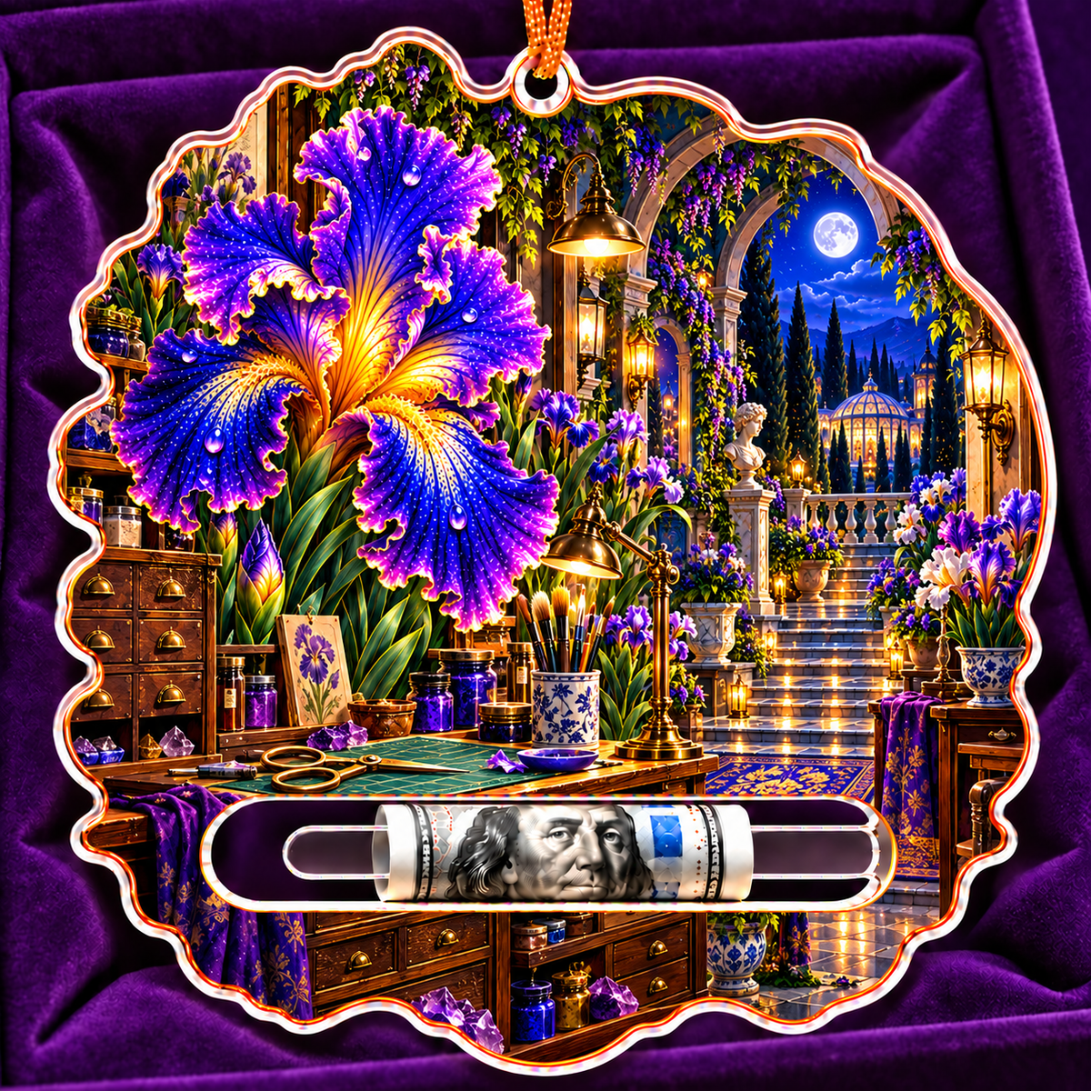 Iris Atelier Portal Acrylic Cash Holder Ornament with printed optical 3D artwork in its use setting
