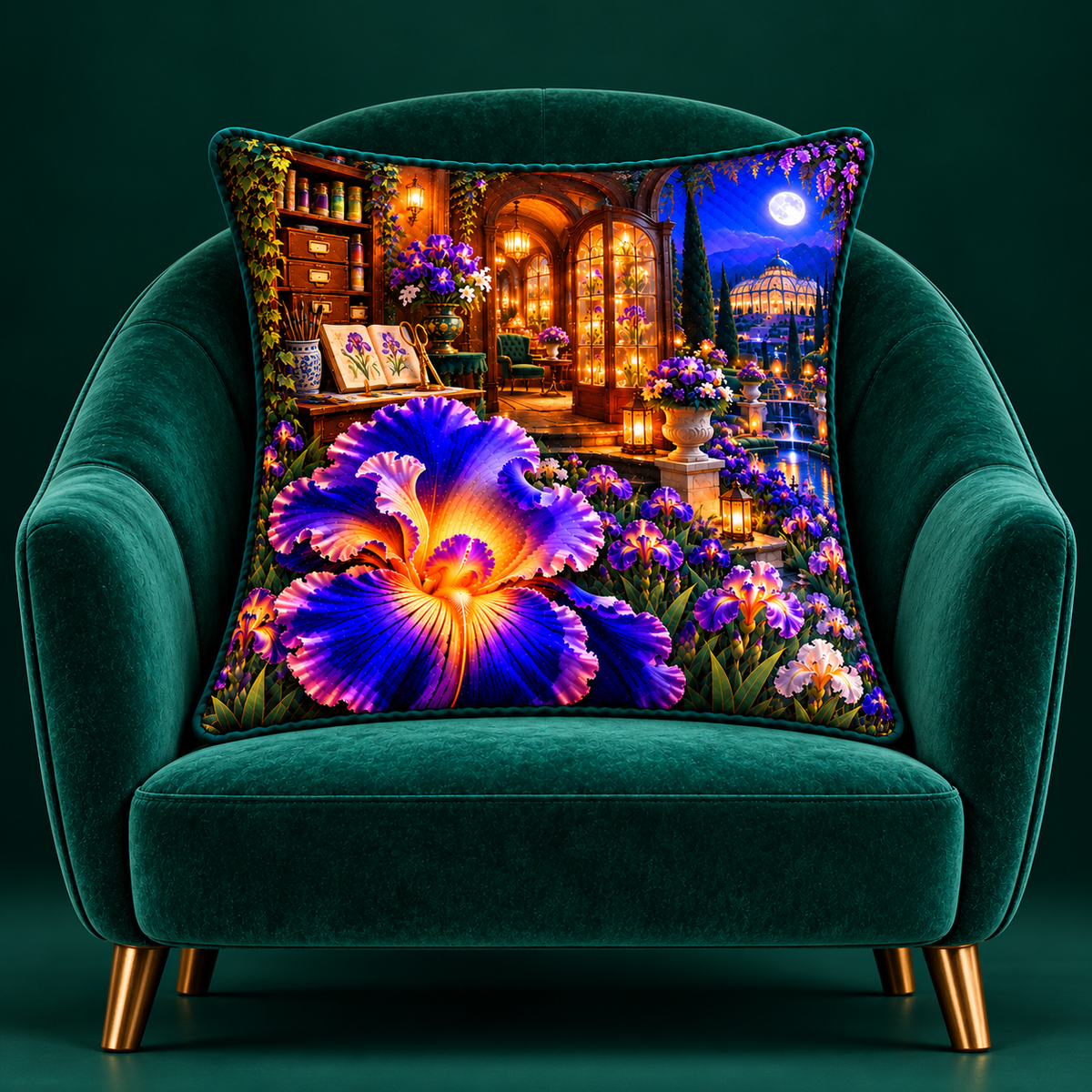 Iris Atelier Portal Quilted Cushion Cover with printed optical 3D artwork in its use setting
