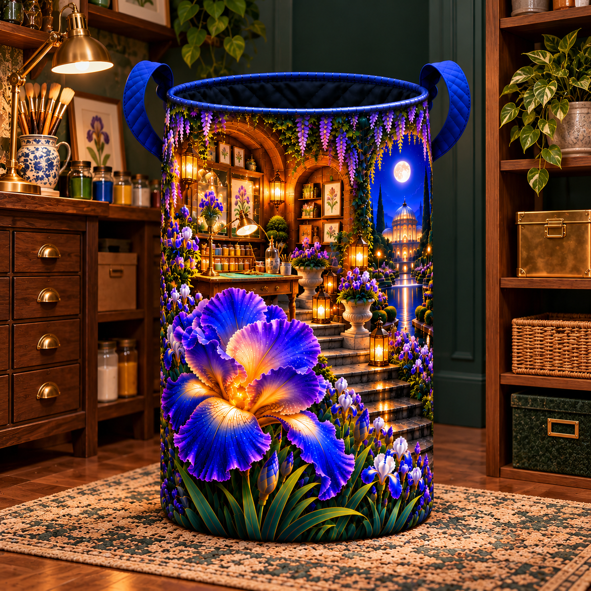 Iris Atelier Portal Laundry Hamper with printed optical 3D artwork in its use setting