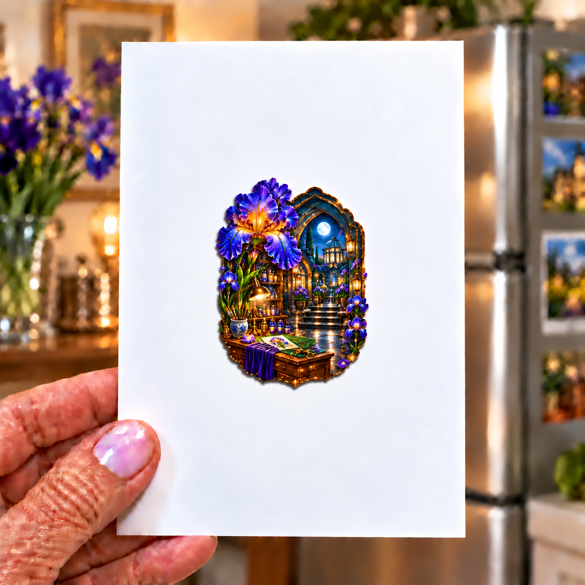 Iris Atelier Portal Acrylic Refrigerator Magnet with printed optical 3D artwork in its use setting