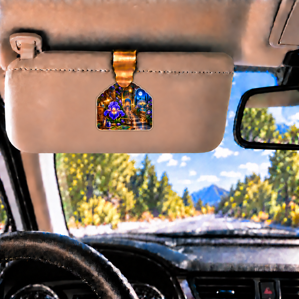 Iris Atelier Portal Holographic Car Visor Clip with printed optical 3D artwork in its use setting