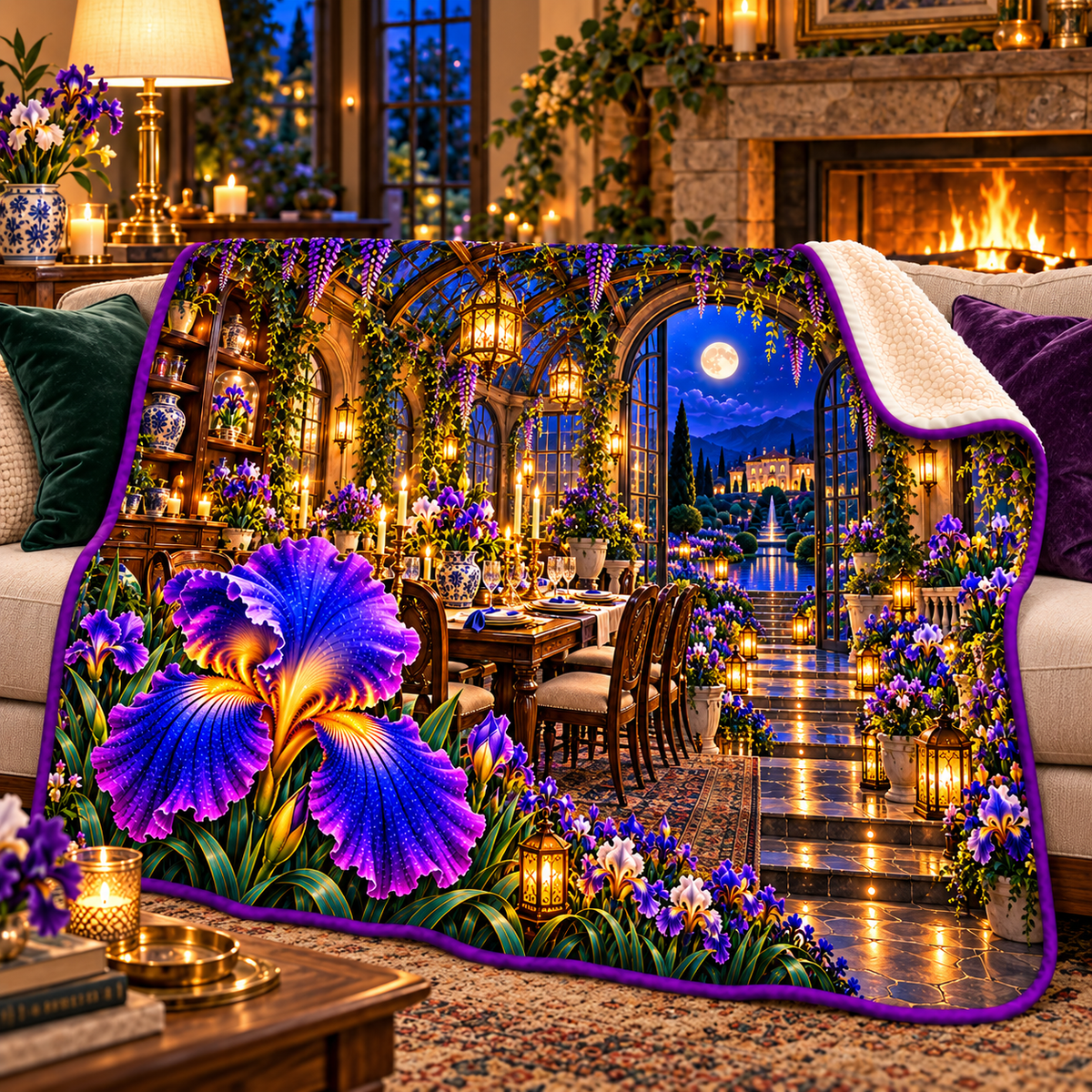 Iris Hearth Welcome Sherpa & Fleece Blanket with printed optical 3D artwork in its use setting