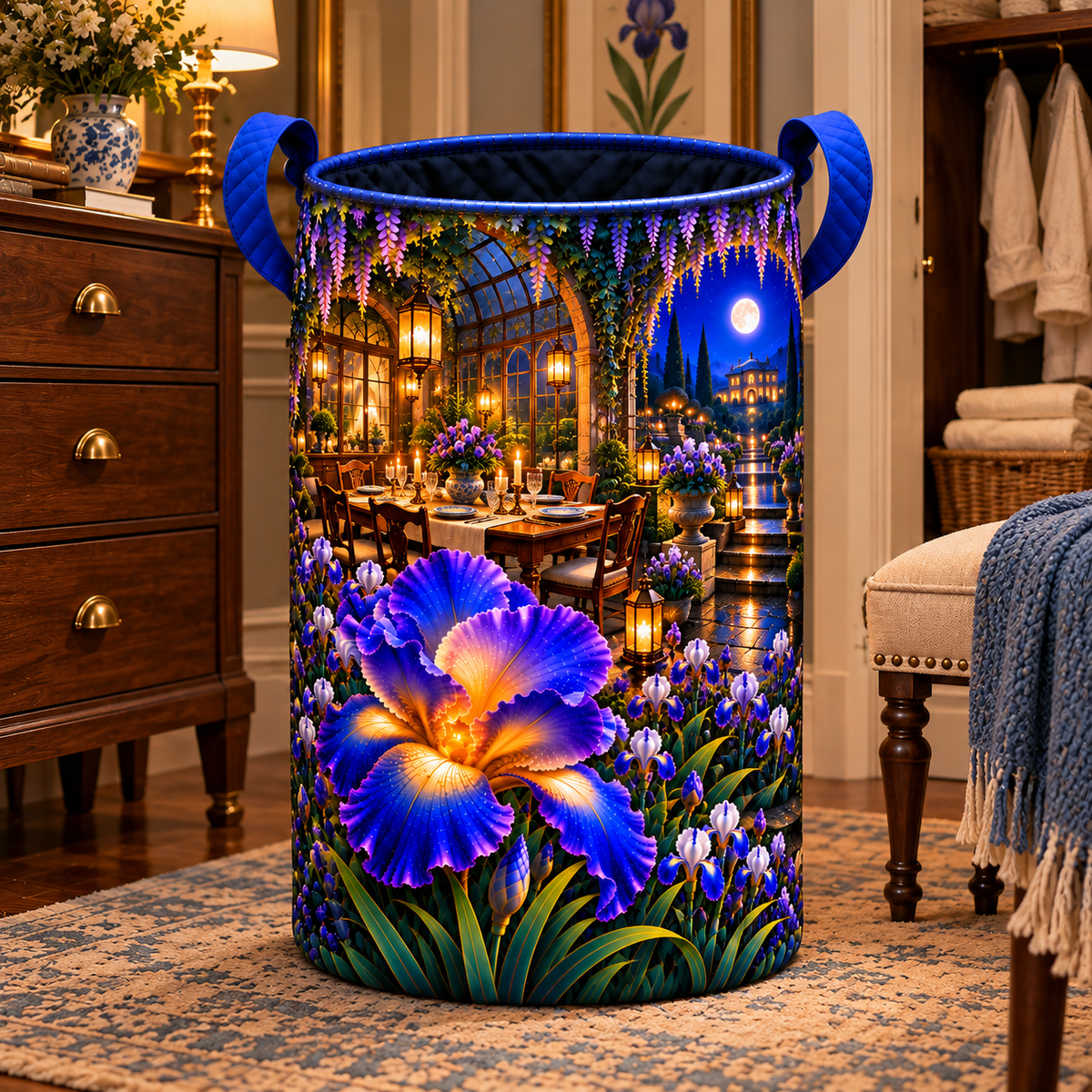 Iris Hearth Welcome Laundry Hamper with printed optical 3D artwork in its use setting