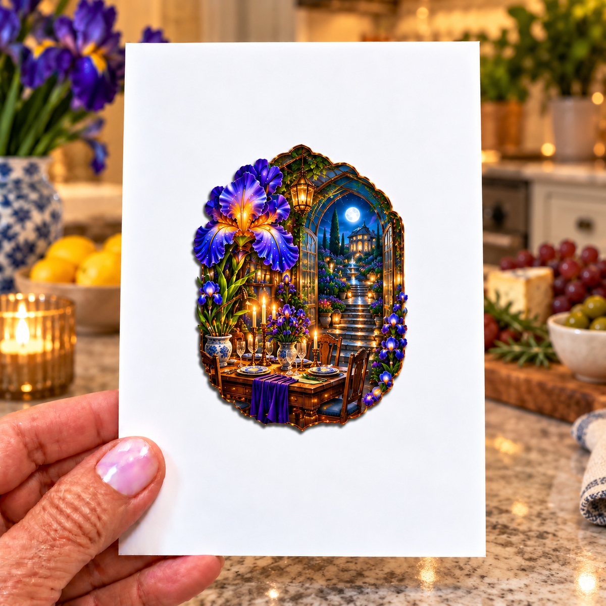Iris Hearth Welcome Acrylic Refrigerator Magnet with printed optical 3D artwork in its use setting