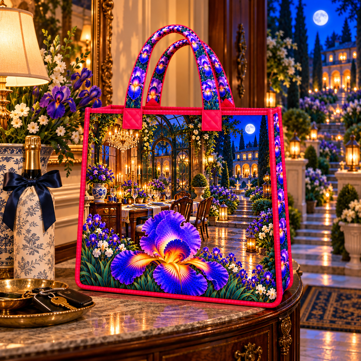 Iris Hearth Welcome Quilted Tote Bag with printed optical 3D artwork in its use setting