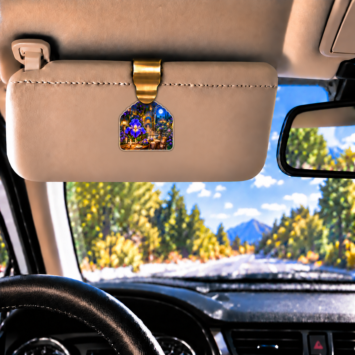 Iris Hearth Welcome Holographic Car Visor Clip with printed optical 3D artwork in its use setting
