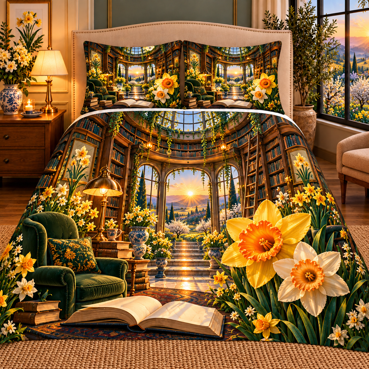 Daffodil Library Sunwell Quilted Bedding Set with printed optical 3D artwork in its use setting