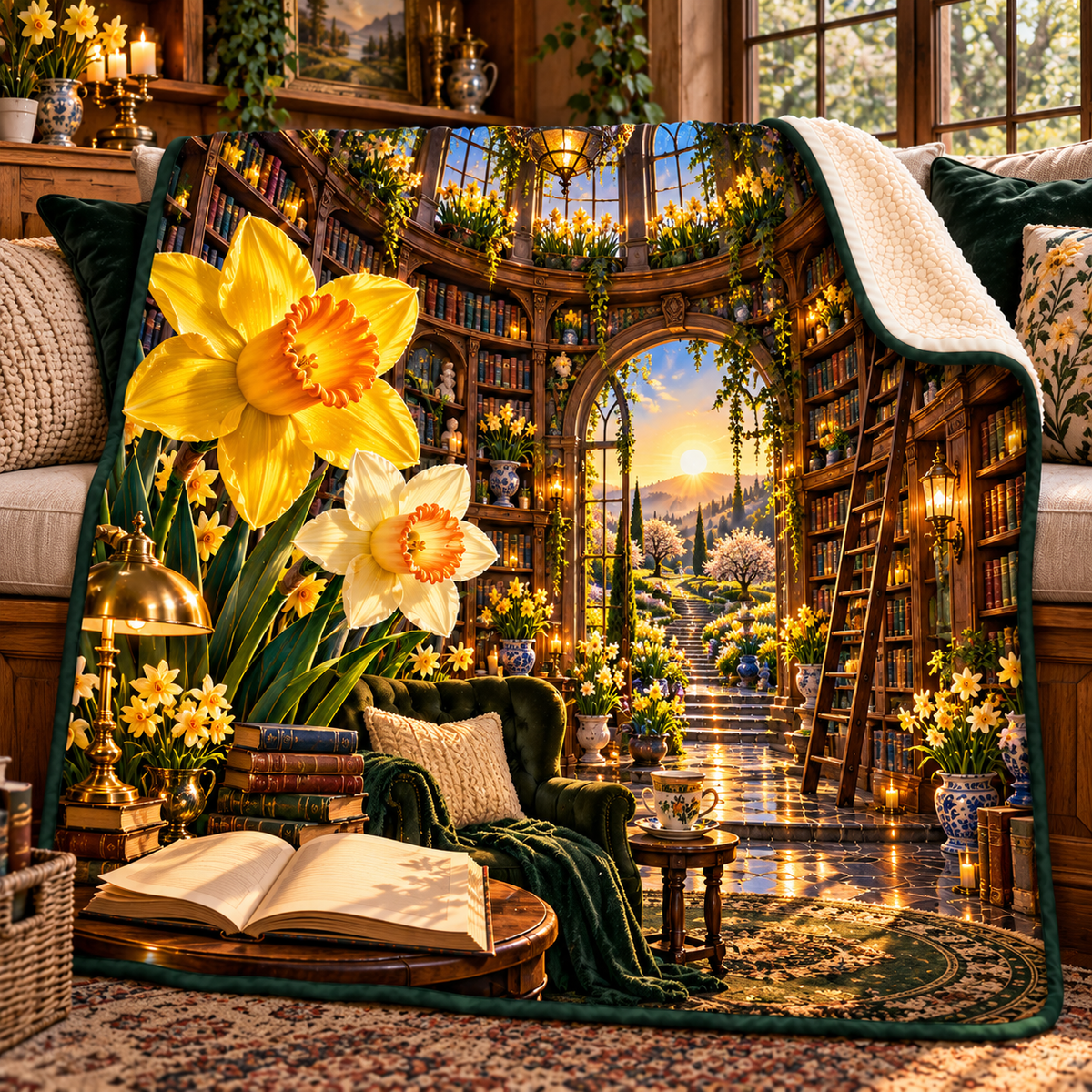 Daffodil Library Sunwell Sherpa & Fleece Blanket with printed optical 3D artwork in its use setting