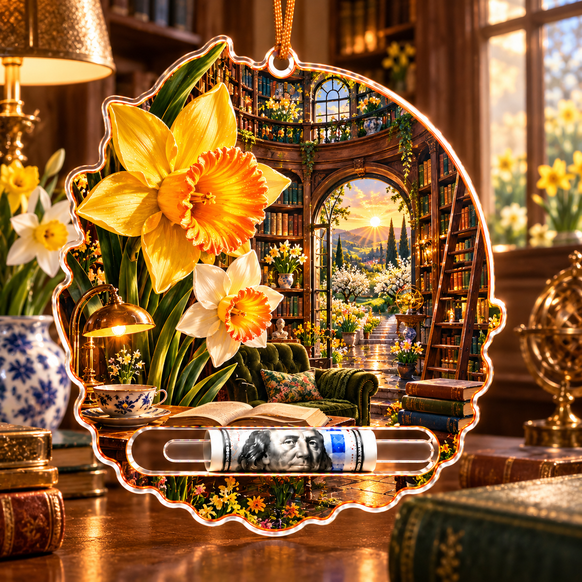 Daffodil Library Sunwell Acrylic Cash Holder Ornament with printed optical 3D artwork in its use setting