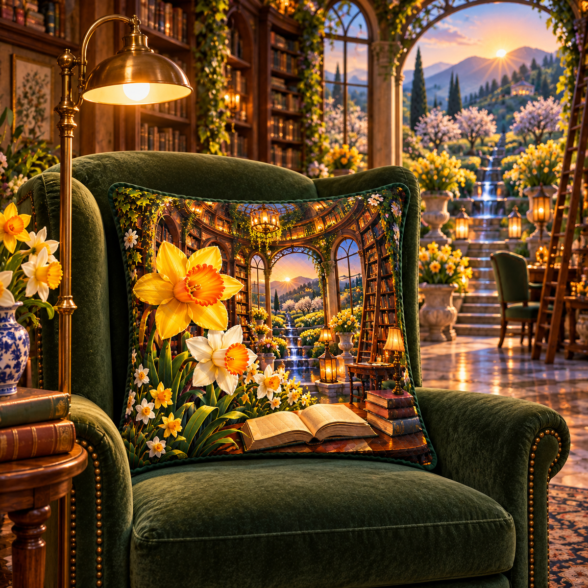 Daffodil Library Sunwell Quilted Cushion Cover with printed optical 3D artwork in its use setting