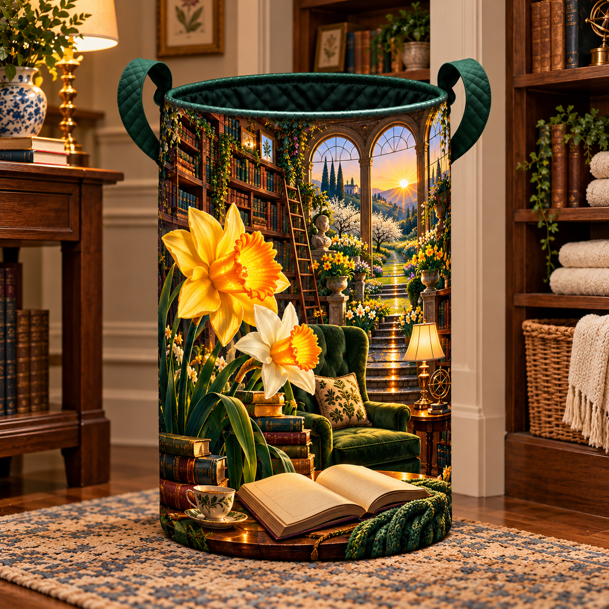 Daffodil Library Sunwell Laundry Hamper with printed optical 3D artwork in its use setting