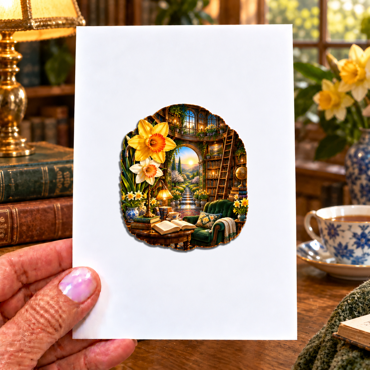 Daffodil Library Sunwell Acrylic Refrigerator Magnet with printed optical 3D artwork in its use setting