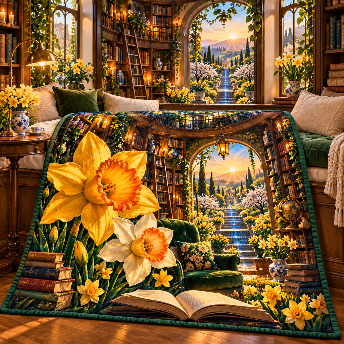 Daffodil Library Sunwell Quilt Blanket with printed optical 3D artwork in its use setting