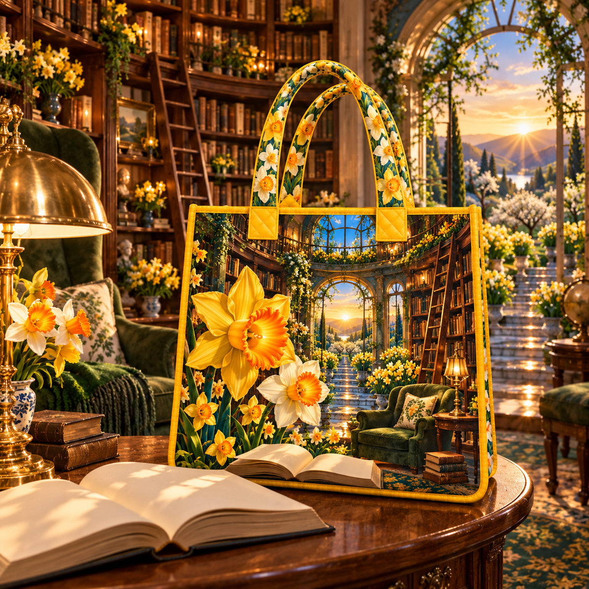 Daffodil Library Sunwell Quilted Tote Bag with printed optical 3D artwork in its use setting