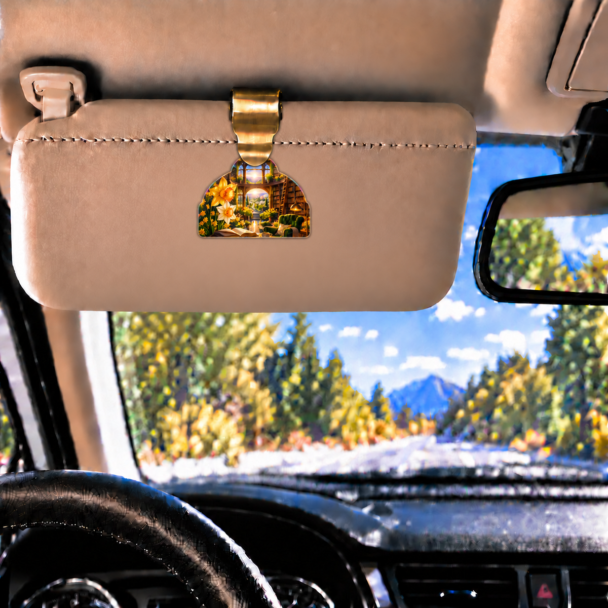 Daffodil Library Sunwell Holographic Car Visor Clip with printed optical 3D artwork in its use setting