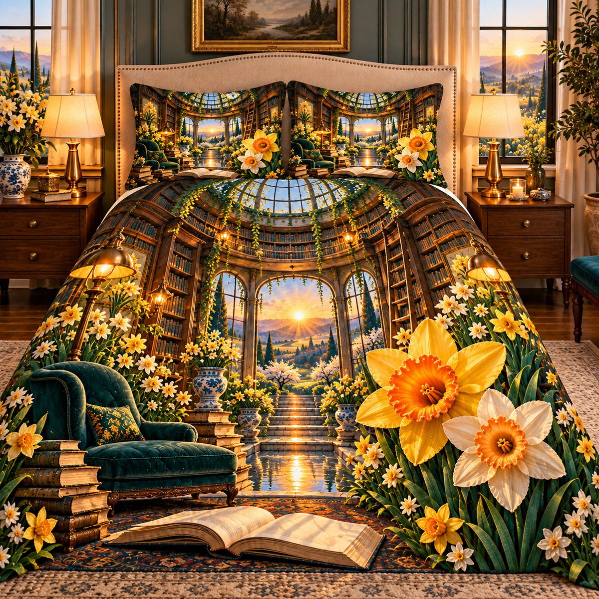 Daffodil Dawn Cathedral Quilted Bedding Set with printed optical 3D artwork in its use setting