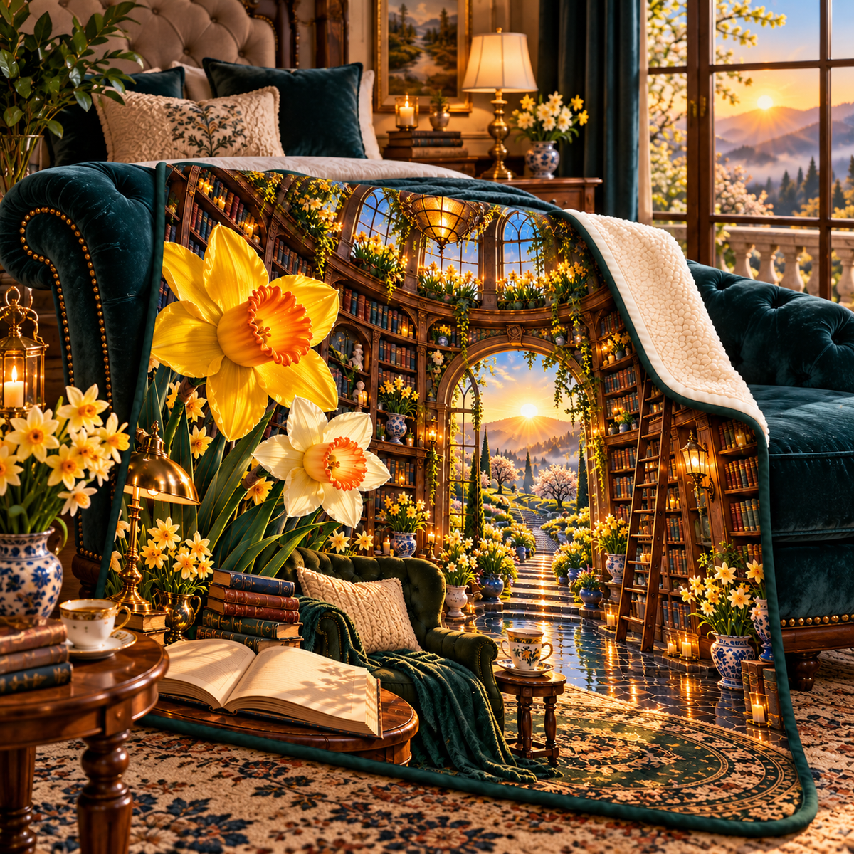 Daffodil Dawn Cathedral Sherpa & Fleece Blanket with printed optical 3D artwork in its use setting