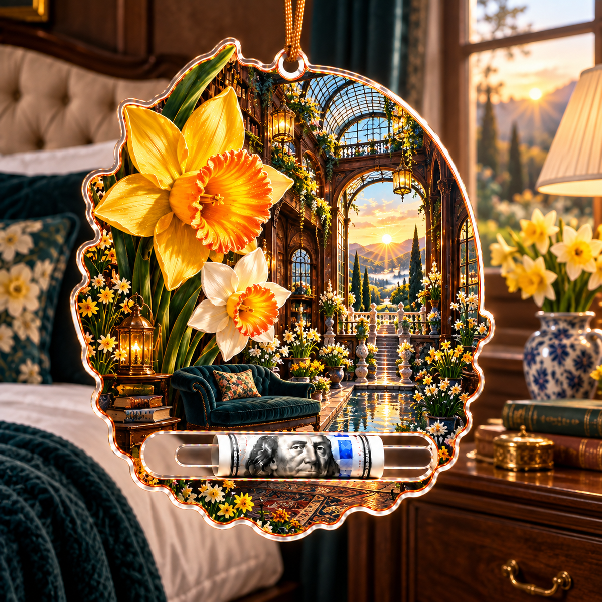 Daffodil Dawn Cathedral Acrylic Cash Holder Ornament with printed optical 3D artwork in its use setting