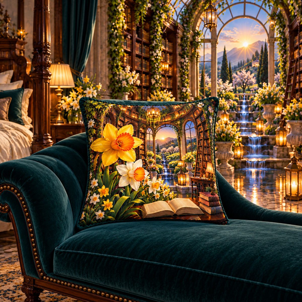 Daffodil Dawn Cathedral Quilted Cushion Cover with printed optical 3D artwork in its use setting