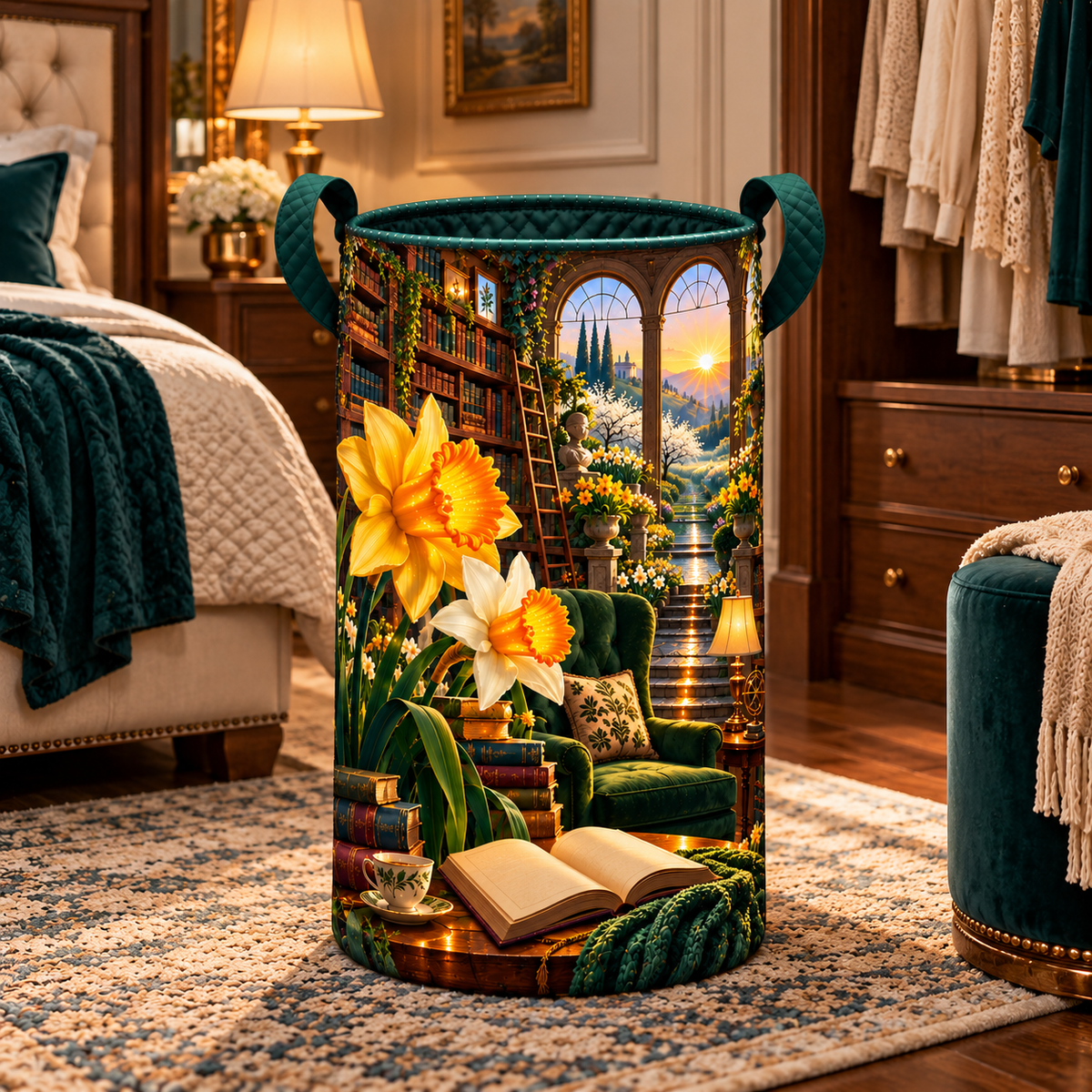 Daffodil Dawn Cathedral Laundry Hamper with printed optical 3D artwork in its use setting