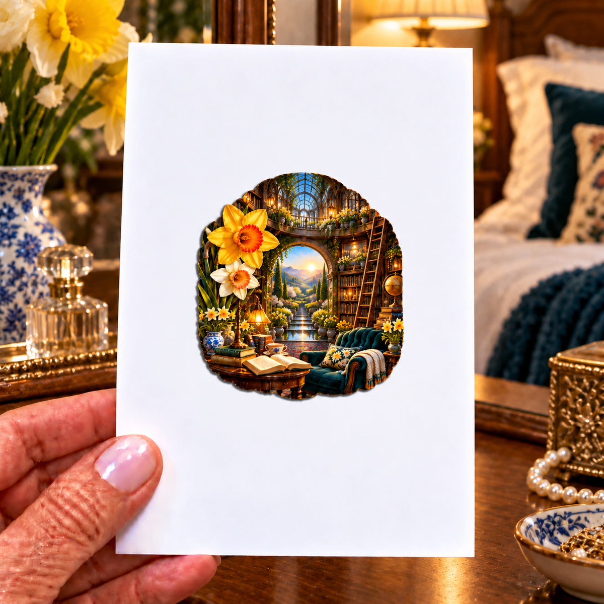 Daffodil Dawn Cathedral Acrylic Refrigerator Magnet with printed optical 3D artwork in its use setting