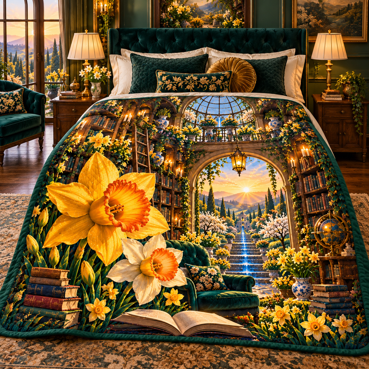 Daffodil Dawn Cathedral Quilt Blanket with printed optical 3D artwork in its use setting