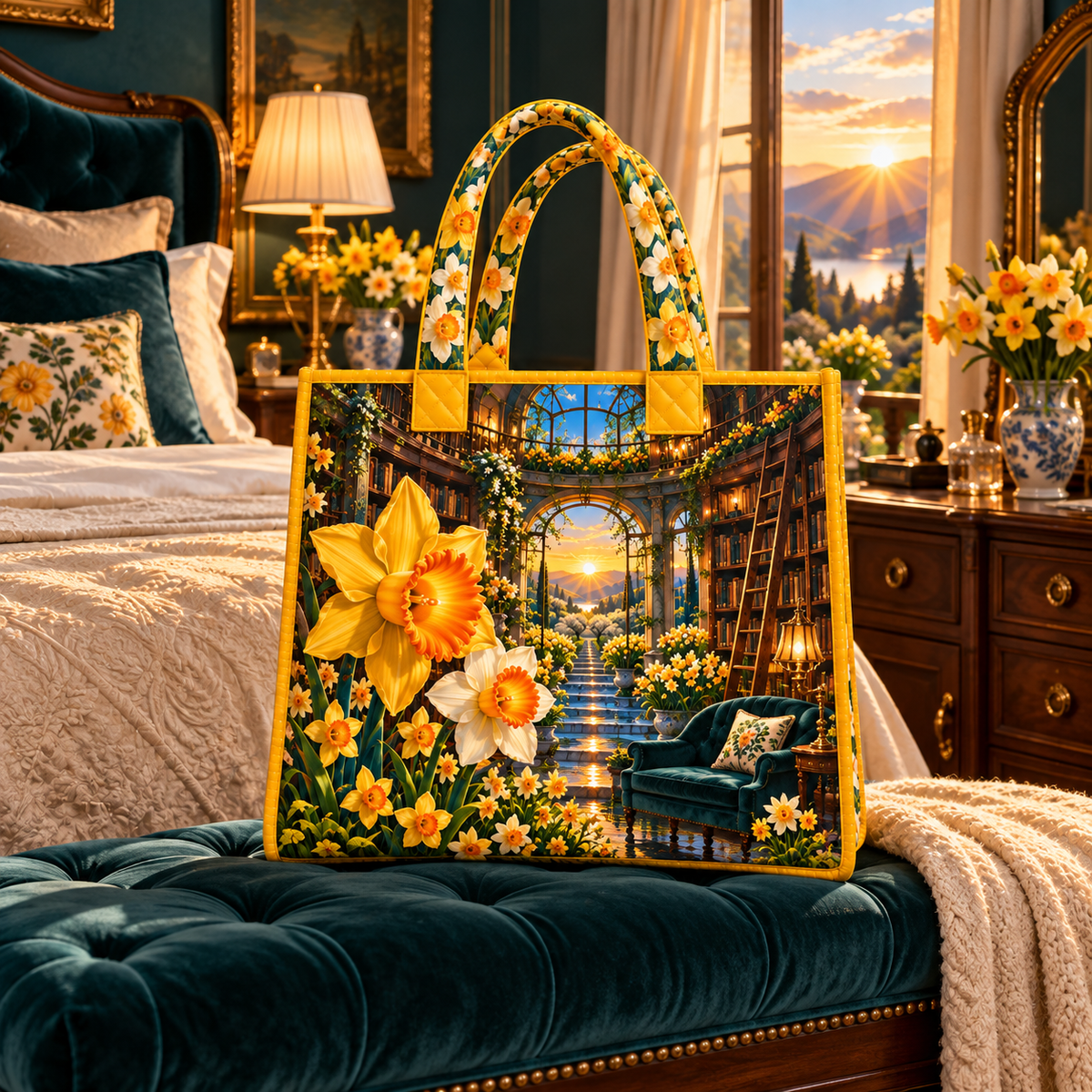 Daffodil Dawn Cathedral Quilted Tote Bag with printed optical 3D artwork in its use setting