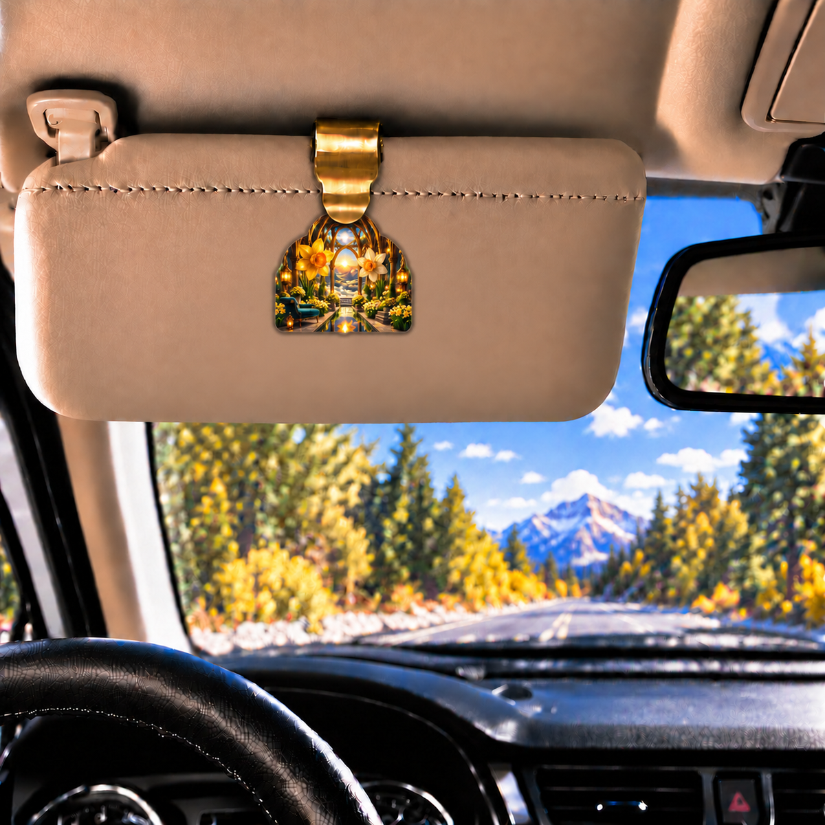 Daffodil Dawn Cathedral Holographic Car Visor Clip with printed optical 3D artwork in its use setting