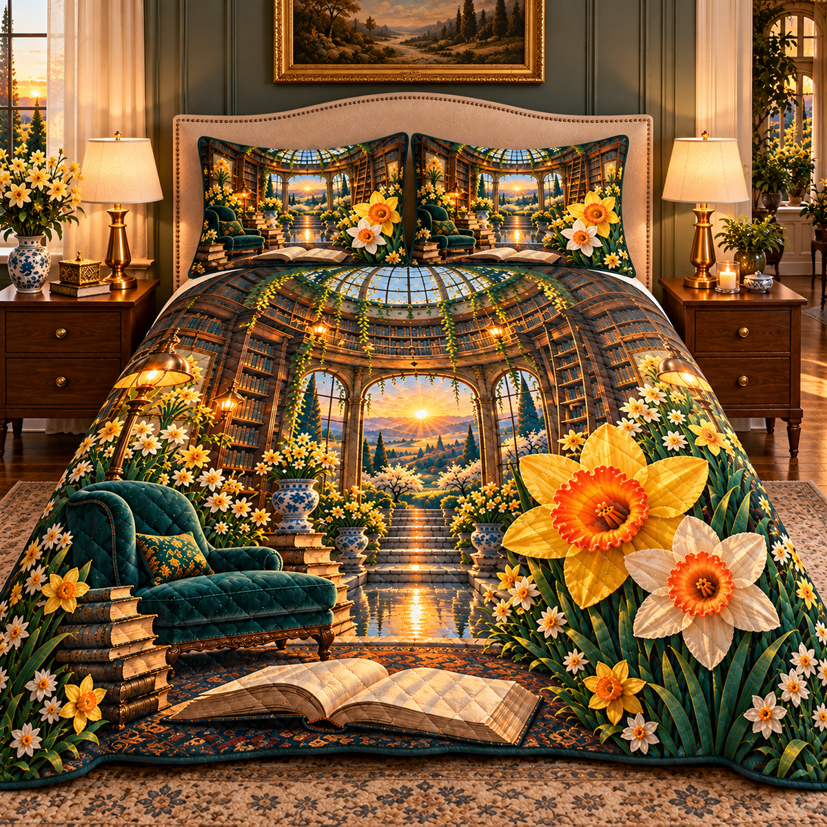 Daffodil Grand Salon Cascade Quilted Bedding Set with printed optical 3D artwork in its use setting