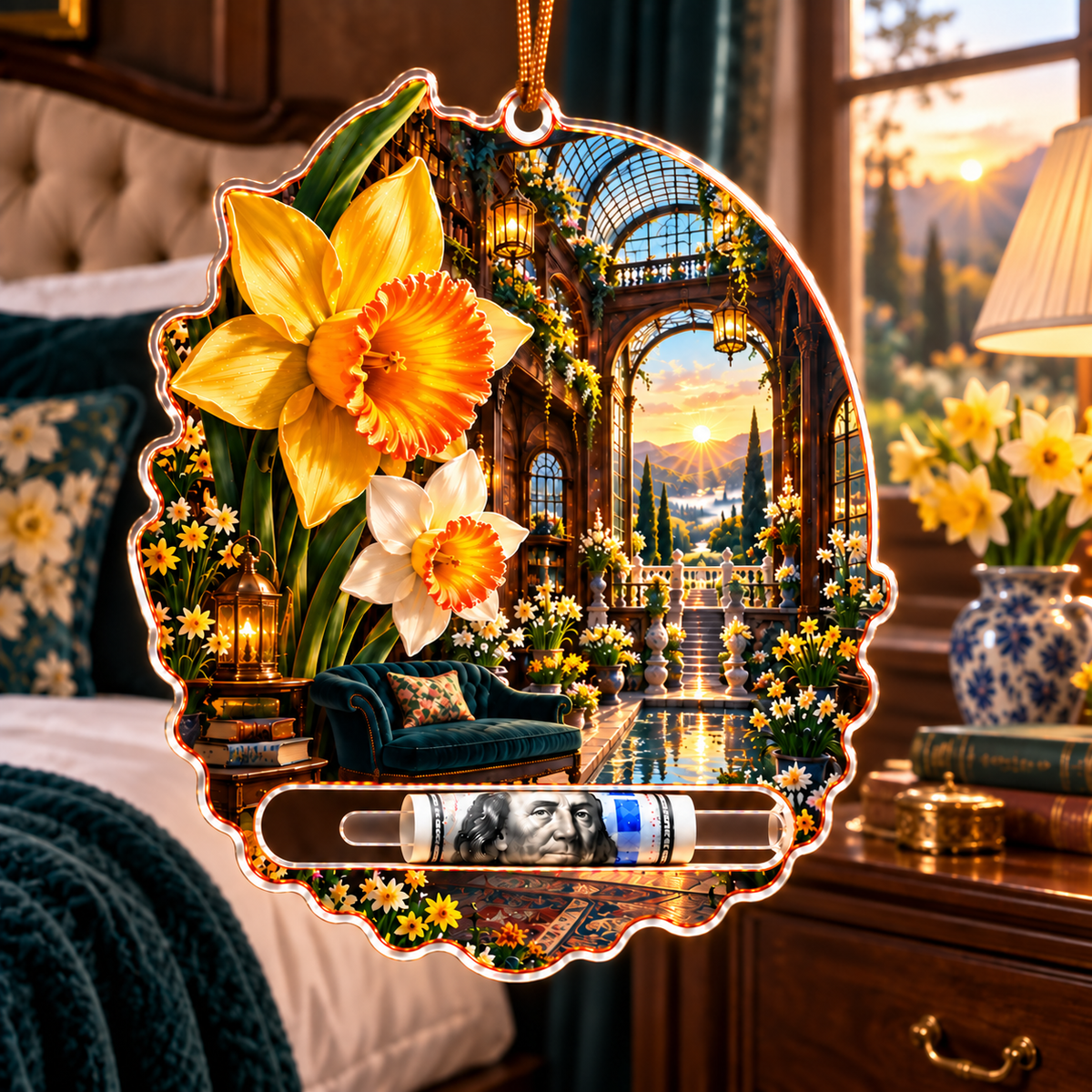 Daffodil Grand Salon Cascade Acrylic Cash Holder Ornament with printed optical 3D artwork in its use setting