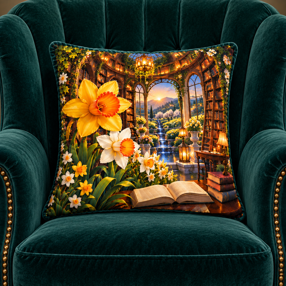 Daffodil Grand Salon Cascade Quilted Cushion Cover with printed optical 3D artwork in its use setting