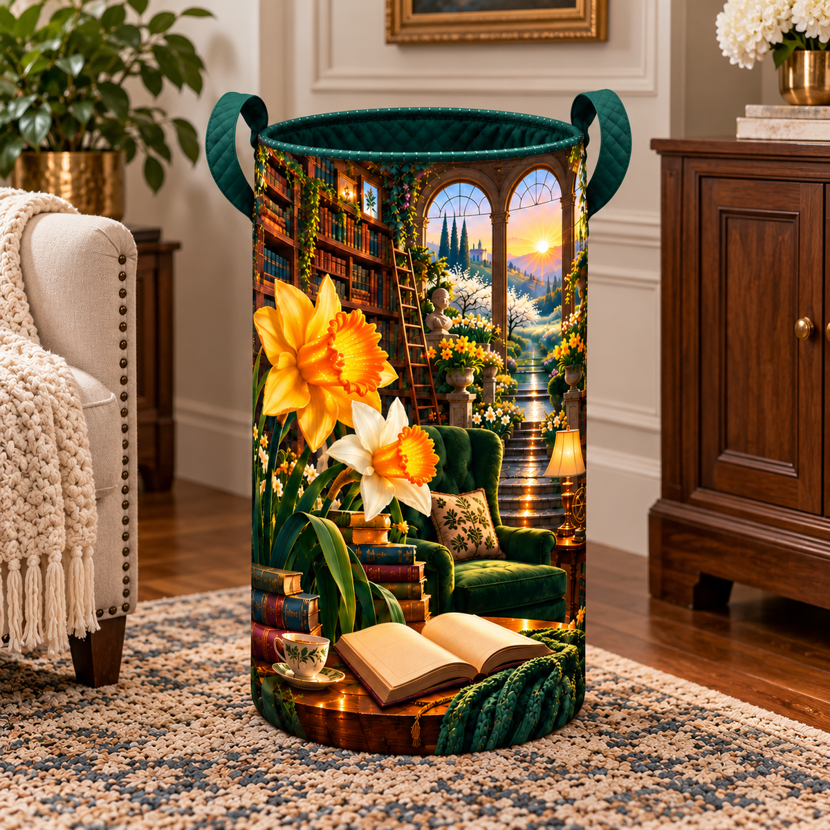 Daffodil Grand Salon Cascade Laundry Hamper with printed optical 3D artwork in its use setting